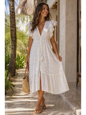 Vilebrequin White Eyelet Lace Ruffle Sleeve Midi Dress M Cotton Empire Waist